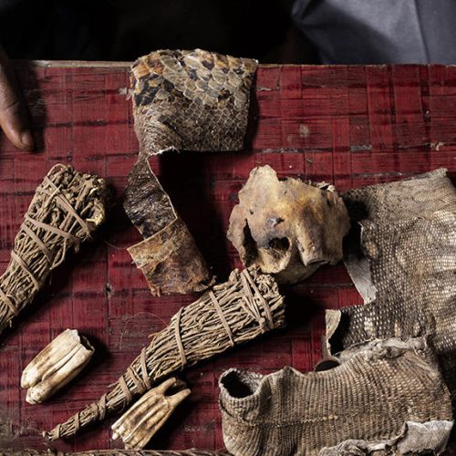 Dar es Salaam, Tanzania.

Snake skin and bones, wildpig thooth, dogskull and roots are offered at a wichdoctor market in Dar Es Salaam.

People in Africa believe that using Albino body parts in witchcraft will increase their chances of financial success. Since 2006 people with albinism are being attacked and often killed to get their body parts for ritual ceremonies used by witchdoctors. Until now (February 2015) more than 150 documented attacks are recorded in Tanzania. Other african countries, such as Burundi and Kenya are facing a similar crime development, including cross-border trafficking of these body parts between those three countries. 2015.